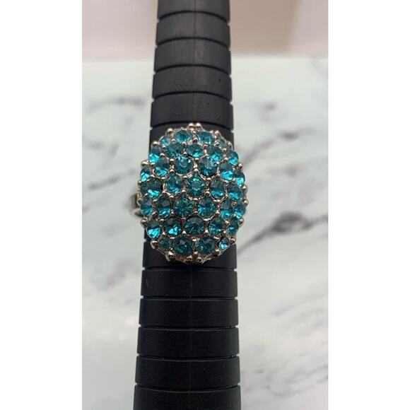 Aqua Blue Crystal Rhinestones Adjustable Silver Tone Alloy Ring - 6 - Picture 4 of 4